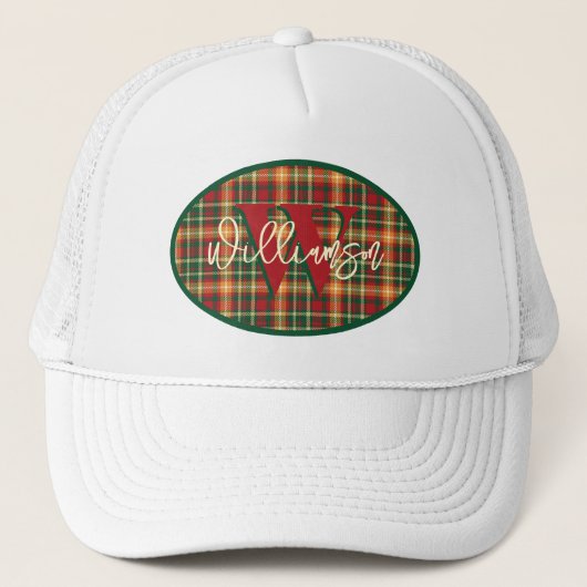 Monogram Tartan Oranje Groen Spaanplaat Embleem Trucker Pet (Voorkant)