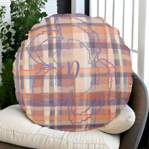 Monogram tartan val laat beige oranje paarse rond kussen