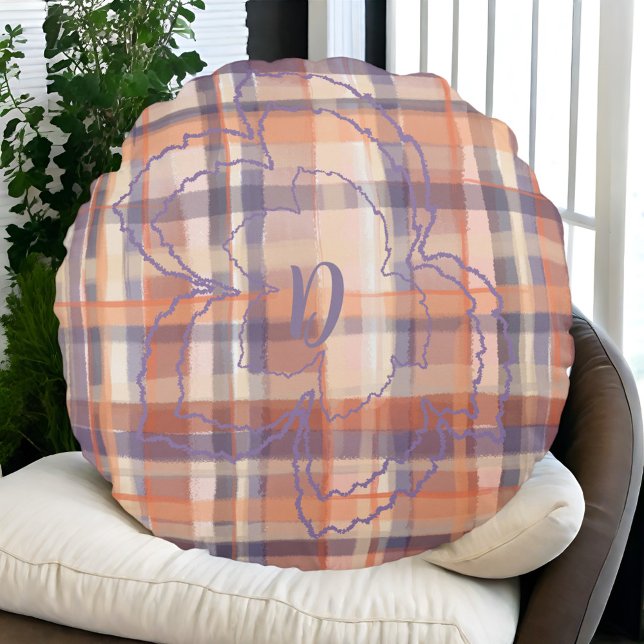 Monogram tartan val laat beige oranje paarse rond kussen (Creator heeft geüpload)