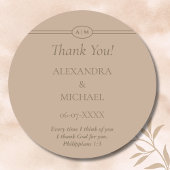Monogram Taupe Christian Wedding Thank You Ronde Sticker