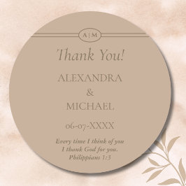 Monogram Taupe Christian Wedding Thank You Ronde Sticker