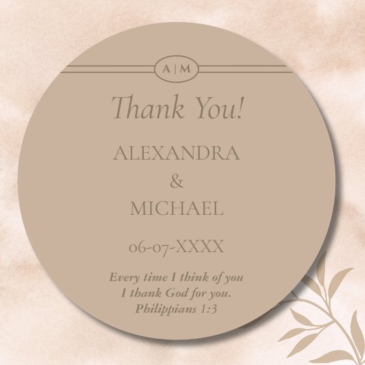 Monogram Taupe Christian Wedding Thank You Ronde Sticker
