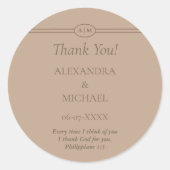 Monogram Taupe Christian Wedding Thank You Ronde Sticker (Voorkant)