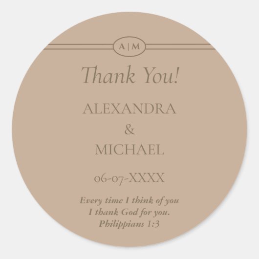 Monogram Taupe Christian Wedding Thank You Ronde Sticker (Voorkant)