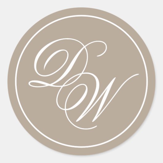 Monogram Taupe Elegante witte kalligrafie Initiale Ronde Sticker (Voorkant)