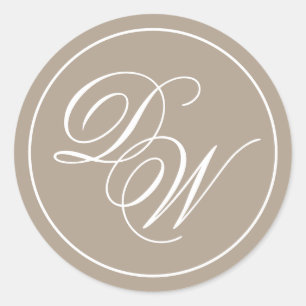 Monogram Taupe Elegante witte kalligrafie Initiale Ronde Sticker