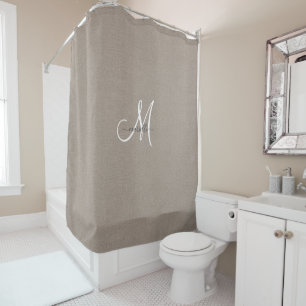Monogram Taupe White Script Faux Linen Douchegordijn