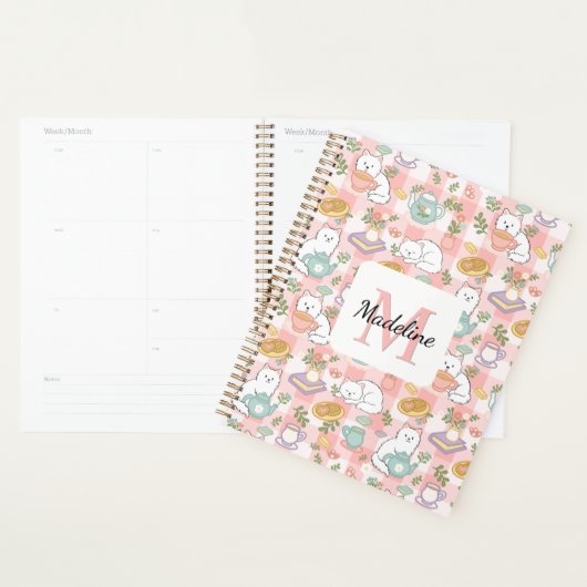 Monogram Tea & Bookish Cats Spiral Planner Pink (Display)