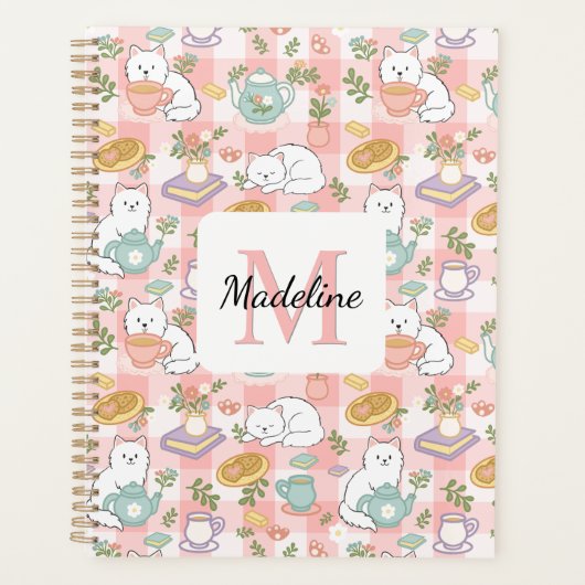 Monogram Tea & Bookish Cats Spiral Planner Pink (Voorkant)