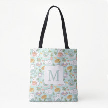 Monogram Tea & Bookish Cats Tote Bag Mint Green