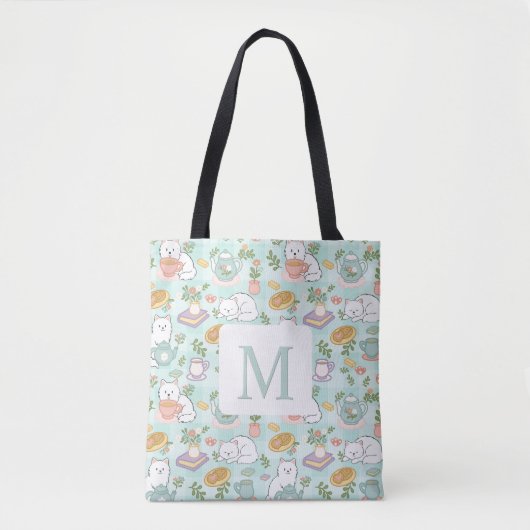 Monogram Tea & Bookish Cats Tote Bag Mint Green (Voorkant)