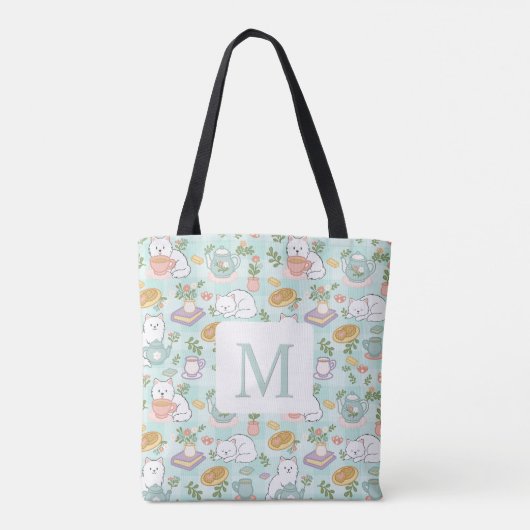 Monogram Tea & Bookish Cats  Tote Bag Mint Green (Achterkant)