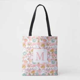 Monogram Tea & Bookish Cats Tote Bag Pink