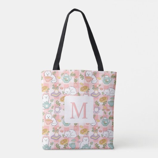 Monogram Tea & Bookish Cats Tote Bag Pink (Achterkant)
