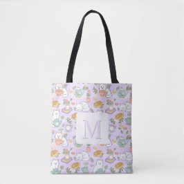 Monogram Tea & Bookish Cats Tote Bag Purple