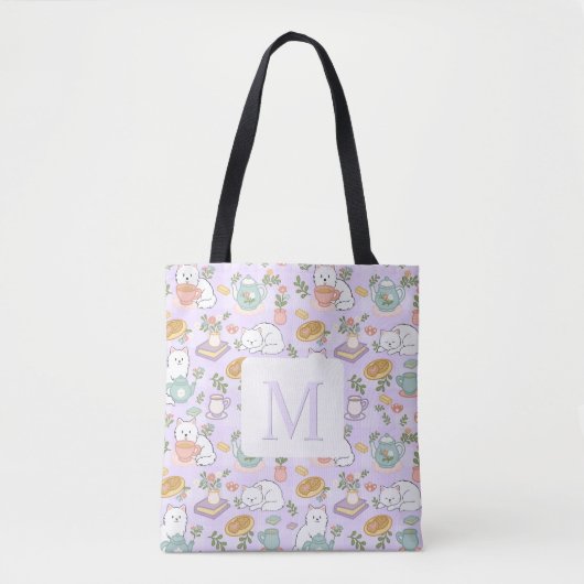 Monogram Tea & Bookish Cats Tote Bag Purple (Voorkant)