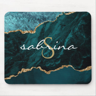 Monogram Teal Blauwe Gouden Agaat Geode Muismat