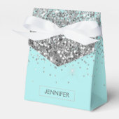 Monogram Teal Blauwe Zilveren Glam Glitter Naam Bedankdoosjes (Voorkant Zijde)