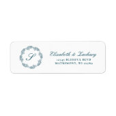 Monogram Teal Blue Foliage Wreath Return Address Etiket (Voorkant)