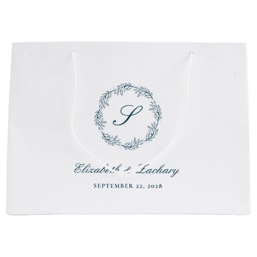 Monogram Teal Blue Foliage Wreath Wedding Groot Cadeauzakje (Voorkant)