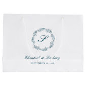 Monogram Teal Blue Foliage Wreath Wedding Groot Cadeauzakje (Achterkant)