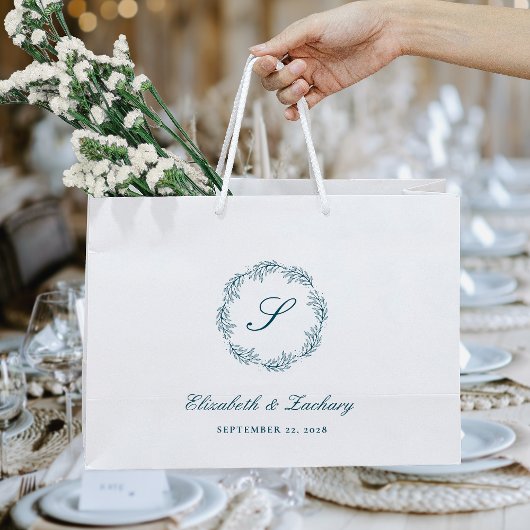 Monogram Teal Blue Foliage Wreath Wedding Groot Cadeauzakje