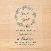 Monogram Teal Blue Wreath Wedding Save the Date Acryl Uitnodigingen (Voorkant)