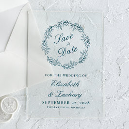 Monogram Tealblauwe Krans Trouw Save the Date Acryl Uitnodigingen