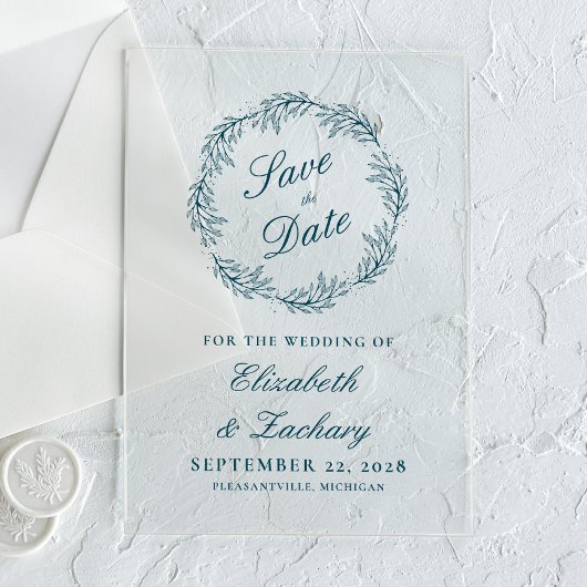 Monogram Tealblauwe Krans Trouw Save the Date Acryl Uitnodigingen