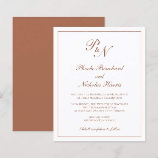 Monogram Terracotta Budget Wedding Uitnodiging (Voorkant / Achterkant)