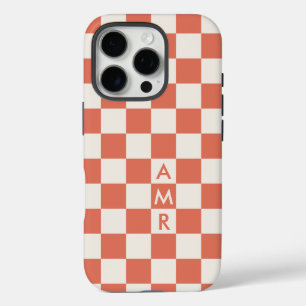 Monogram terracotta crème geruit patroon iPhone 16 pro hoesje