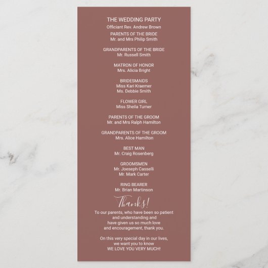 Monogram Terracotta Huwelijksprogramma Programmakaart (Achterkant)