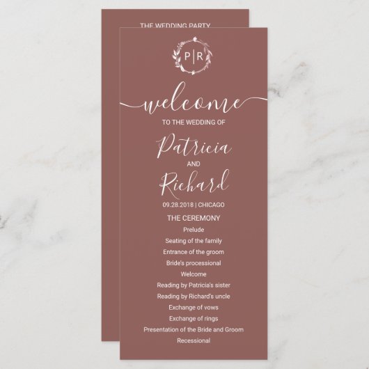 Monogram Terracotta Huwelijksprogramma Programmakaart (Voorkant / Achterkant)
