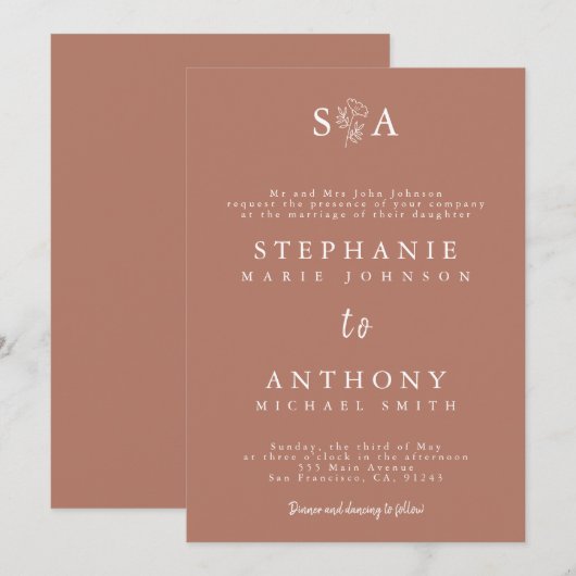 Monogram Terracotta Wildflower bruiloft Kaart (Voorkant / Achterkant)