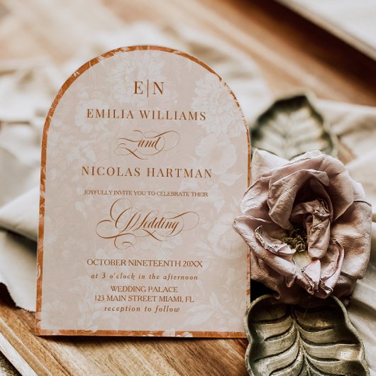 Monogram Terracotta Witte Bloemen Huwelijk Kaart