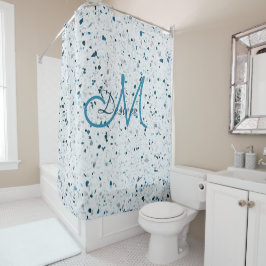 Monogram Terrazzo Blue Green Blauwgroen White Grey Douchegordijn
