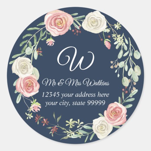 Monogram Terugadres Navy Blush Roos Bloemig Ronde Sticker (Voorkant)
