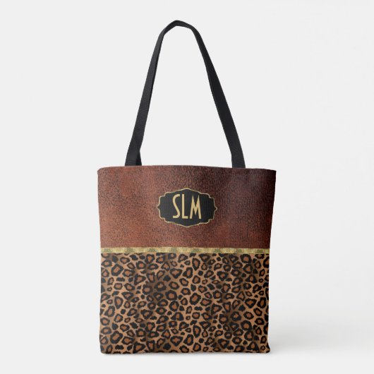 Monogram textuur bruin en luipspatroon tote bag (Achterkant)