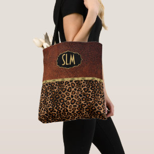 Monogram textuur bruin en luipspatroon tote bag