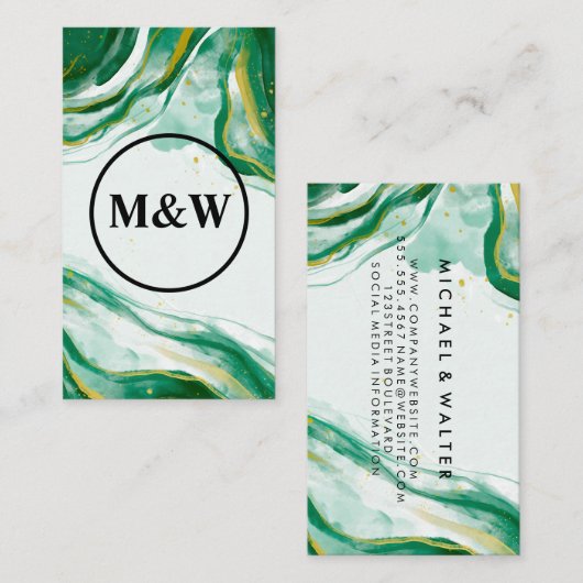 Monogram | Textuur van groene artistieke Waterverf Visitekaartje (Voorkant / Achterkant)