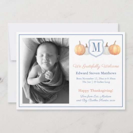 Monogram Thanksgiving Grateful Adoption Baby Birth Aankondiging (Voorkant)