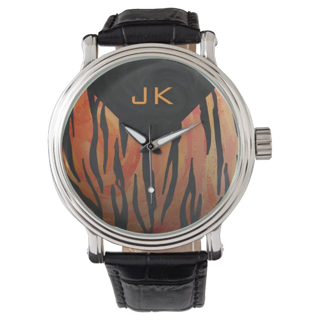Monogram Tiger Hot Oranje en Black Print Pattern Horloge (Voorkant)