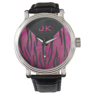Monogram Tiger Hot Pink en Black Print Pattern Horloge