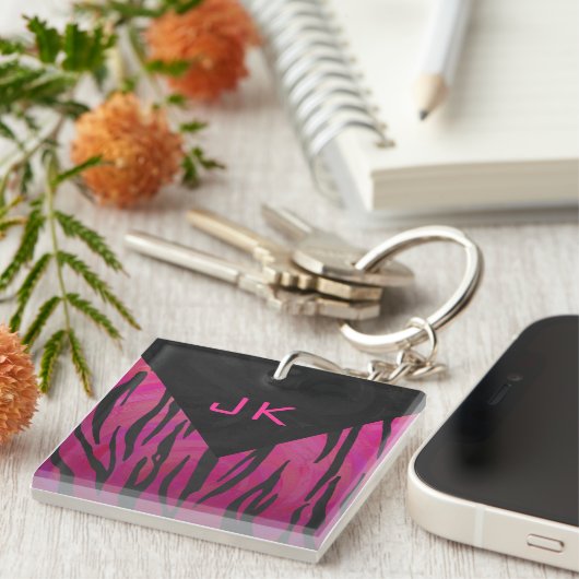Monogram Tiger Hot Pink en Black Print Pattern Sleutelhanger (Voorkant Rechts)