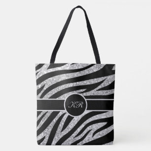 Monogram Tiger Stripe Zilveren Glitter Sparkle Gir Tote Bag