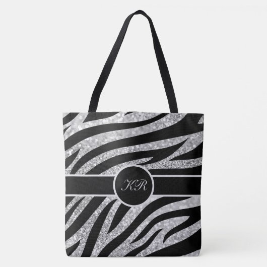Monogram Tiger Stripe Zilveren Glitter Sparkle Gir Tote Bag (Voorkant)