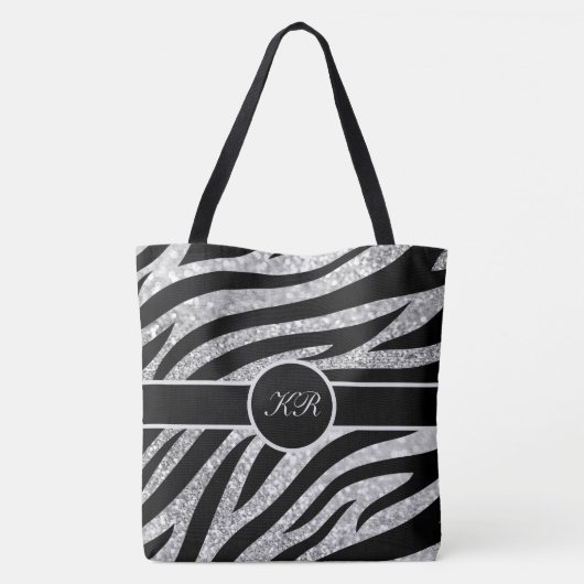 Monogram Tiger Stripe Zilveren Glitter Sparkle Gir Tote Bag (Achterkant)