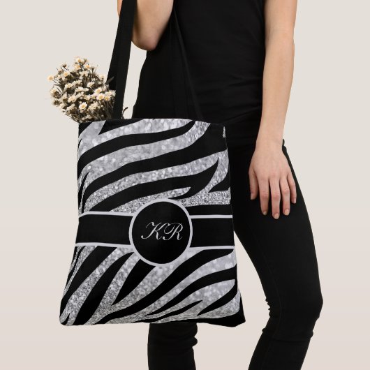 Monogram Tiger Stripe Zilveren Glitter Sparkle Gir Tote Bag (Dichtbij)