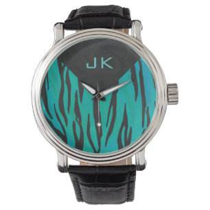 Monogram tijger - zwart en Blauwgroen afdrukpatroo Horloge