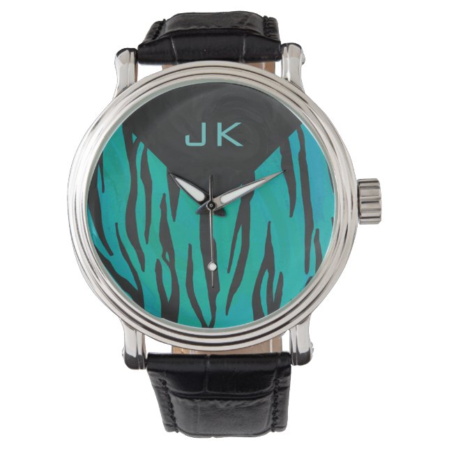 Monogram tijger - zwart en Blauwgroen afdrukpatroo Horloge (Voorkant)